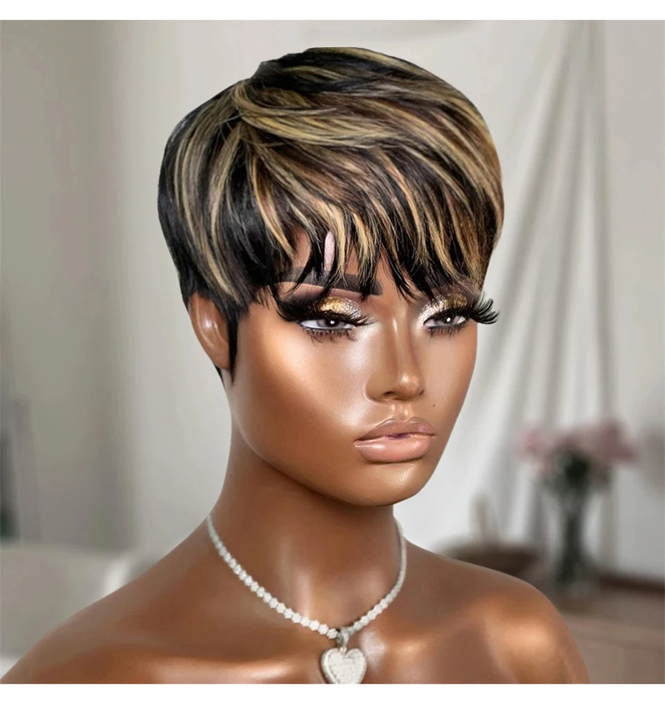 Highlight Wig Human Hair P1b/30# Color Short Pixie Cut Wigs with Bangs Layered Cut Annime Cosplay Costume  Wigs Machine Made