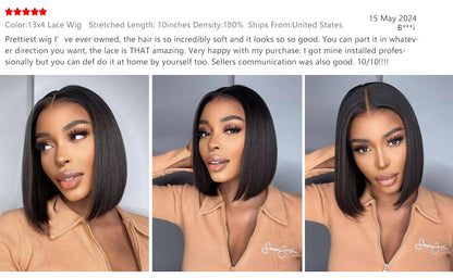 13x4 Bob Brazilian Remy Hair 220% Density Bob Wigs Straight Human Hair Lace Front Wigs Pre-plucked Lace Front Wigs 14 inch