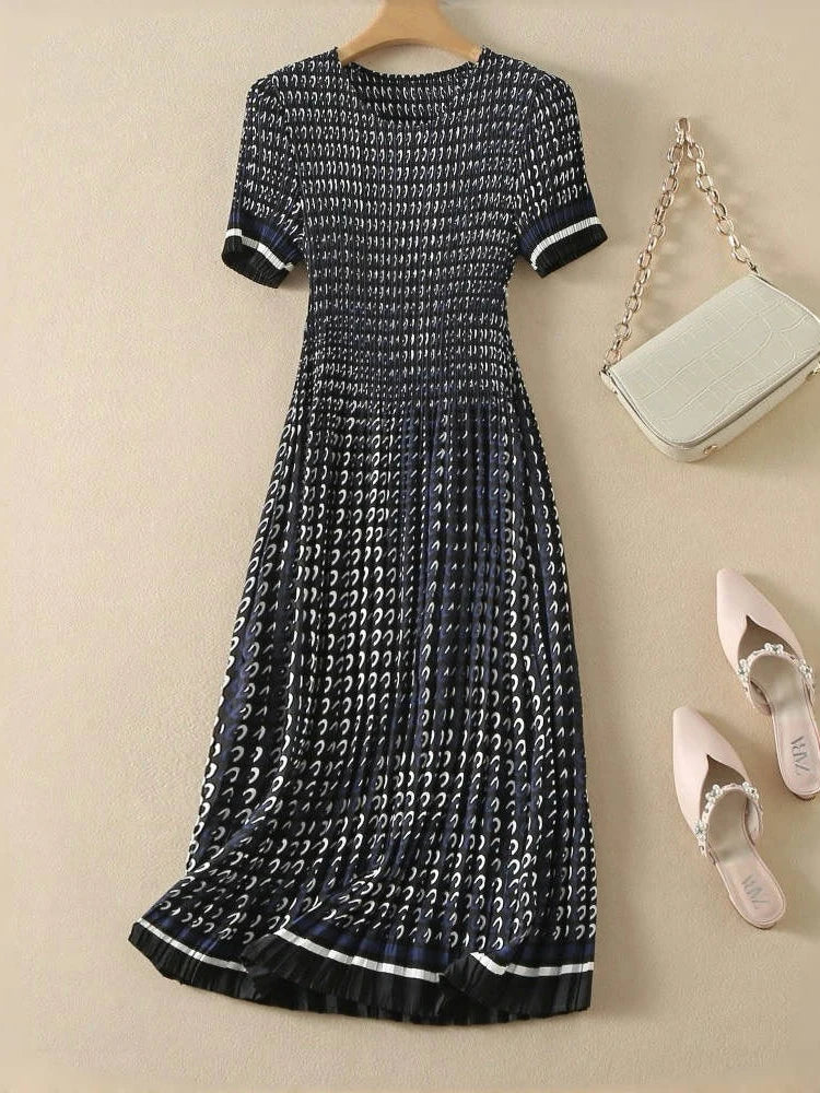 Pleated dress, women's waist collection, short sleeved floral long skirt, elegant 2024 summer new style DRESS