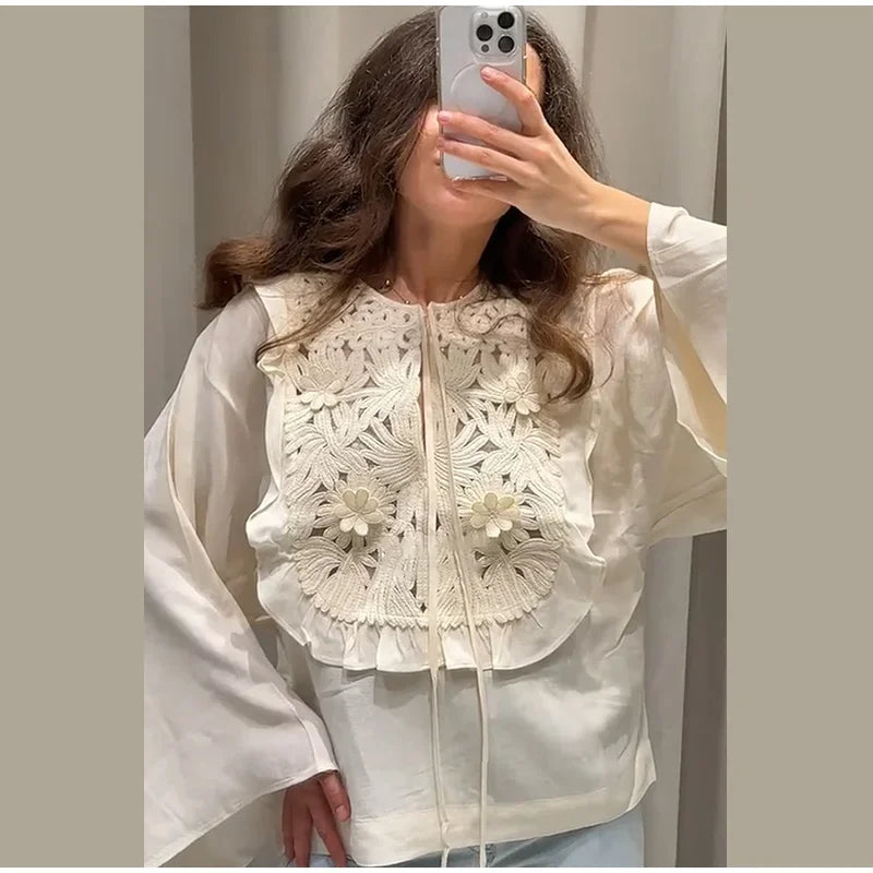 Chic Flared Sleeves O Neck Loose Lace Up Shirt Mini Skirts Elegant Floral Embroidered Skirt Set for Women Summer Lady 2 Pcs Suit
