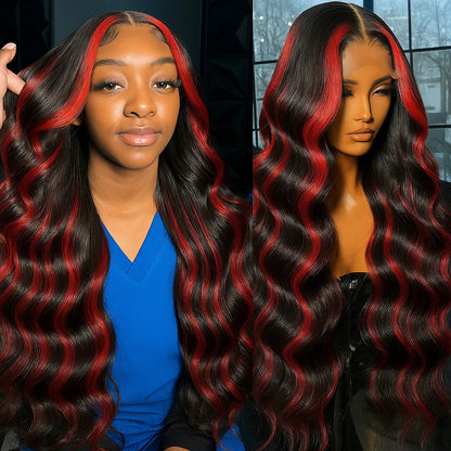 Highlight 5x5 Glueless Wigs Human Hair Pre Plucked Pre Cut Black Hair With Red highlight Body Wave Wigs Human Hair 200% Density