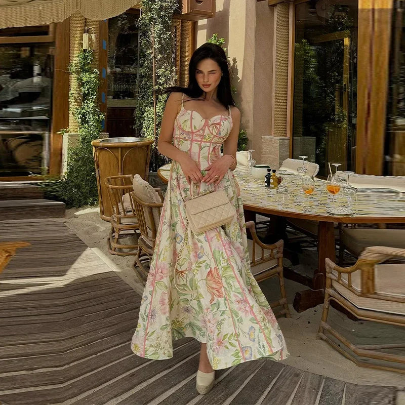 Floral Printed Sleeveless Halter Neck Maxi Dress Lady Waist Cinching A-line Dresses 2026 Women Summer Vacation Party Vestidos
