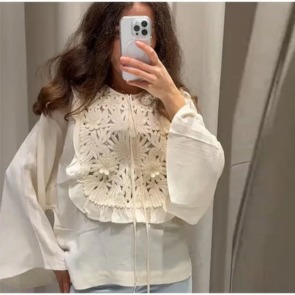 Chic Flared Sleeves O Neck Loose Lace Up Shirt Mini Skirts Elegant Floral Embroidered Skirt Set for Women Summer Lady 2 Pcs Suit
