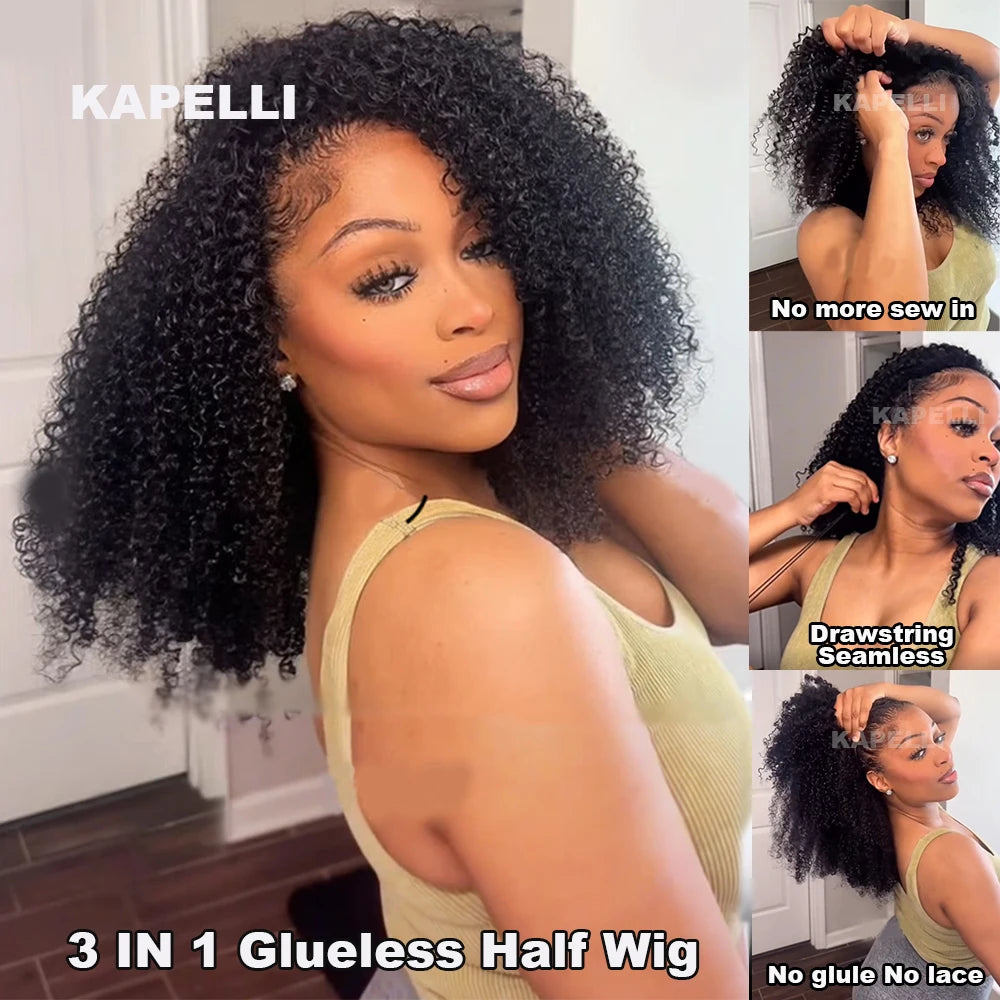 Half Wig Human Hair Wigs 180% Half Wig Kinky Curly Human Hair Wigs 3 In 1 Invisible Hairline Wear Go With Drawstring Seamless