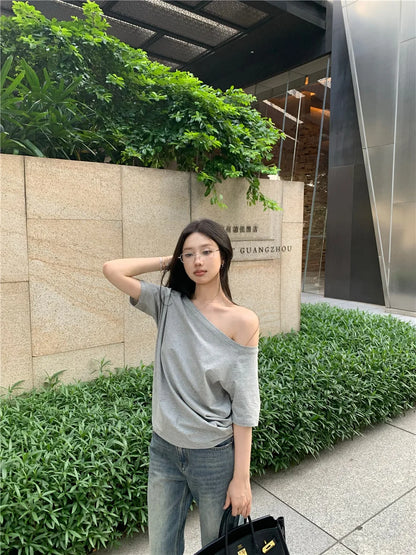 2026 Summer Off Shoulder T-shirt Women Sexy Y2K Korean Fashion Crop Tops Woman Vintage Japanese White Tee Shirt Femme Clothes