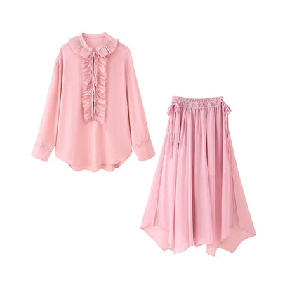 HH Women Summer Fashion Skirt Suit V-Neck Long Sleeves Tierred Decoration Lace-Up Shirts+Side Zipper Circular Chiffon Skirt