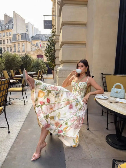 Floral Printed Sleeveless Halter Neck Maxi Dress Lady Waist Cinching A-line Dresses 2026 Women Summer Vacation Party Vestidos