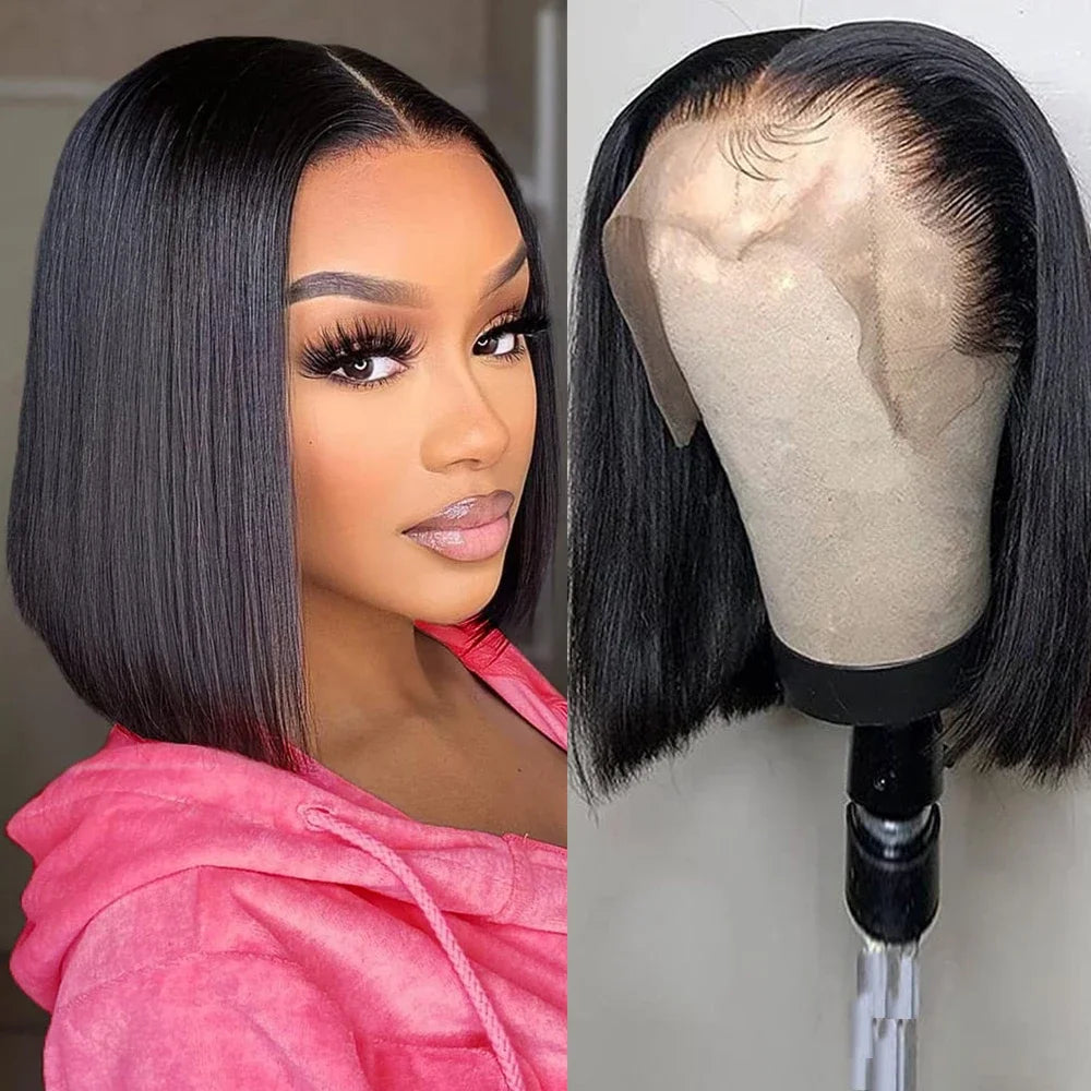 13x4 Bob Brazilian Remy Hair 220% Density Bob Wigs Straight Human Hair Lace Front Wigs Pre-plucked Lace Front Wigs 14 inch