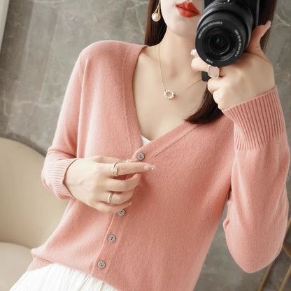 Women's Sweater 2026 Spring Autumn Cardigans V-neck Single Breasted Short Slim Lady Knitwear Tops Solid Korean Fashion Cardigan