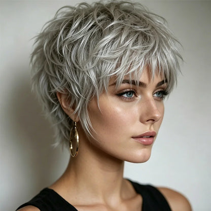 Silver Grey Pixie Wigs Human Hair 100% Full Machine Made Wigs Human Hair Natural Realistic No Tangle Wig For Women Pre Plucked