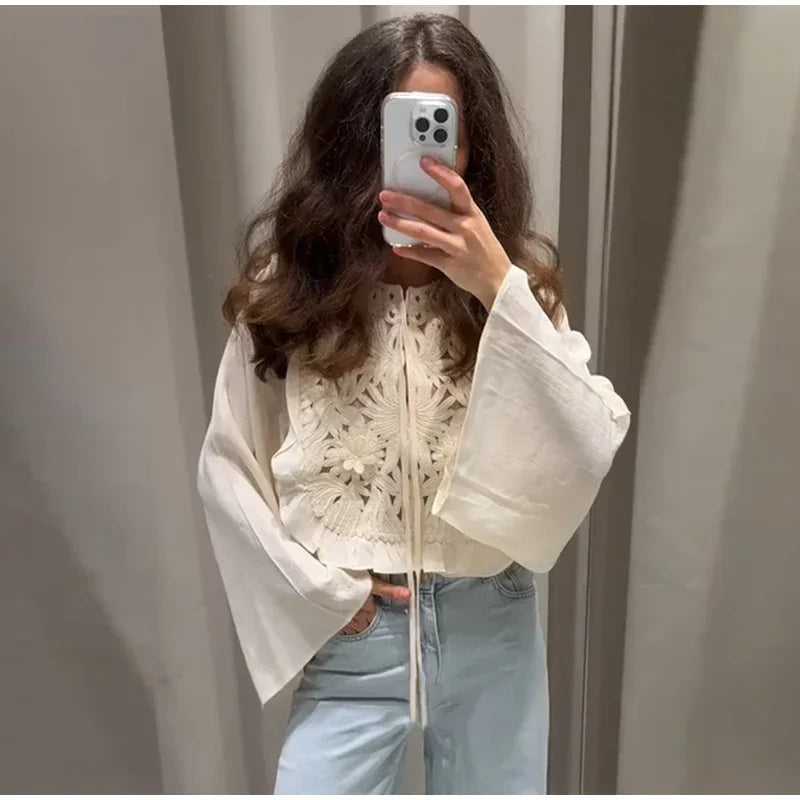 Chic Flared Sleeves O Neck Loose Lace Up Shirt Mini Skirts Elegant Floral Embroidered Skirt Set for Women Summer Lady 2 Pcs Suit