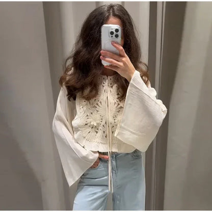 Chic Flared Sleeves O Neck Loose Lace Up Shirt Mini Skirts Elegant Floral Embroidered Skirt Set for Women Summer Lady 2 Pcs Suit