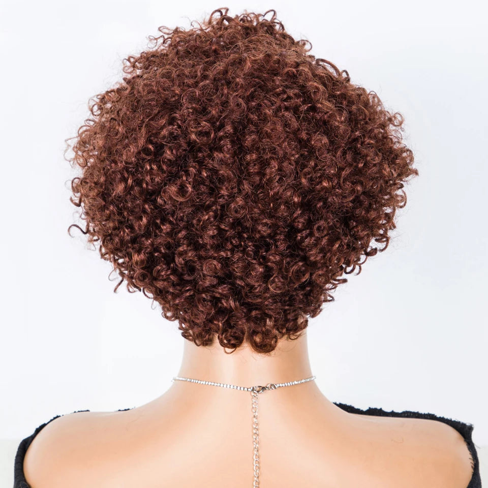 Peruvian Curly Human Hair Wigs With Bangs Short Pixie Cut Bob Wig  Reddish Brown Glueless Curly Wig Full Machine Wigs For Women