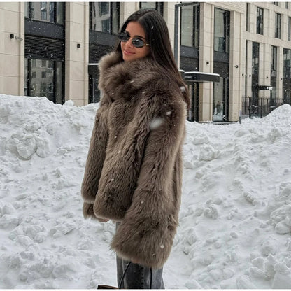 Brown Medium-length Fur Coat Women Lapel Hidden Button Loose  Elegant Outerwear 2025 Fashion Office Lady Commute Overcoat New