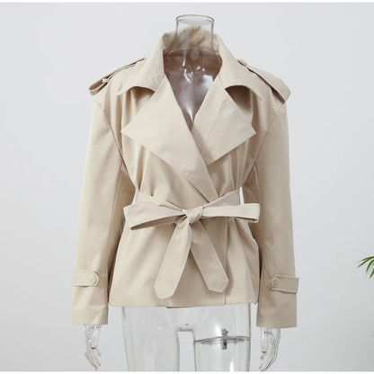Solid Lapel Lace Up Jacket Elegant Chic Full Sleeve Button Loose Long Coat For Women Office Lady Daily Commute Overcoat 2026 New