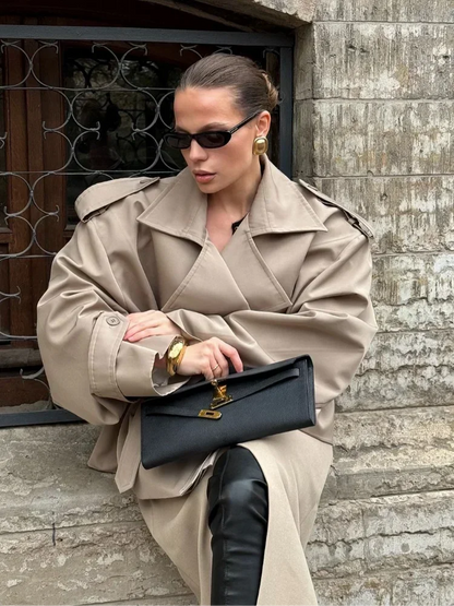 Solid Lapel Lace Up Jacket Elegant Chic Full Sleeve Button Loose Long Coat For Women Office Lady Daily Commute Overcoat 2026 New