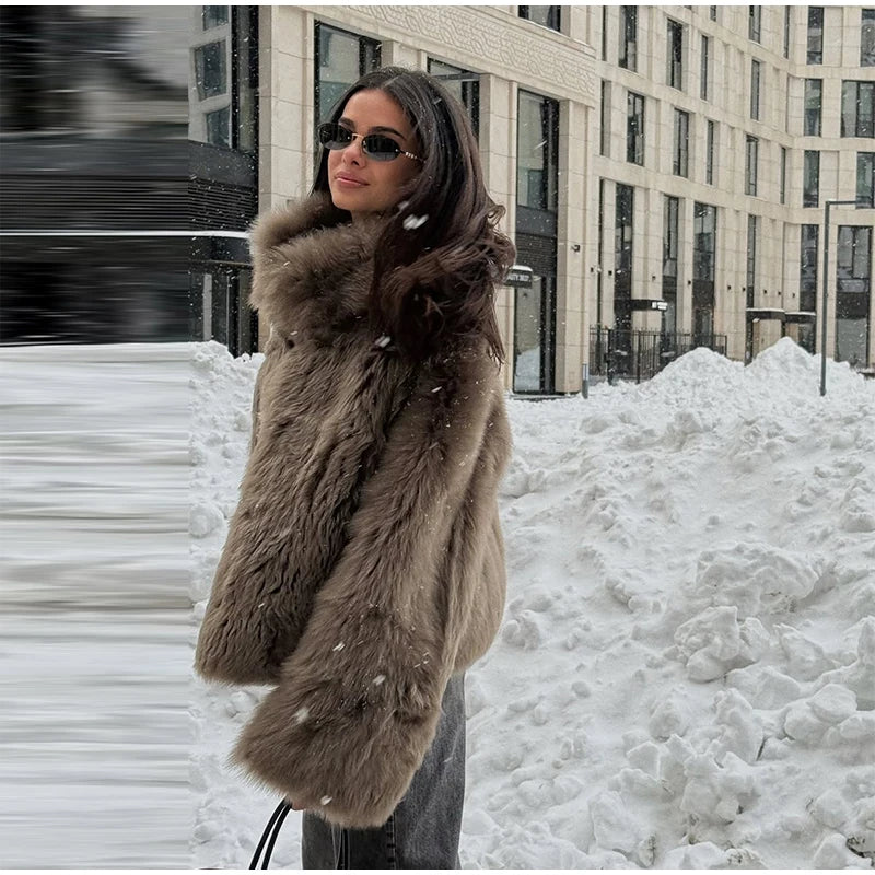Brown Medium-length Fur Coat Women Lapel Hidden Button Loose  Elegant Outerwear 2025 Fashion Office Lady Commute Overcoat New