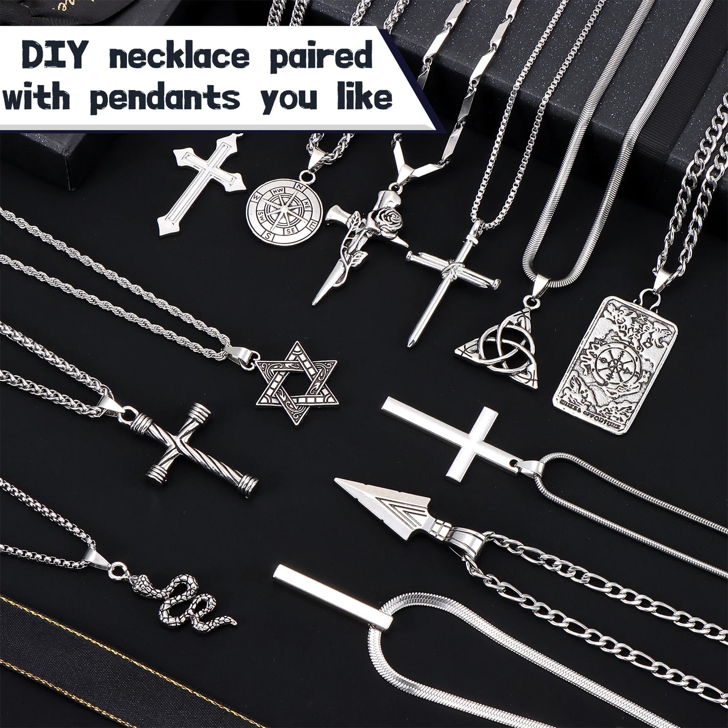 12 Sets Necklaces for Men Stainless Steel Jewelry Set Cross Pendant Necklace Simple Jewelry Gifts Chain Necklace for Men