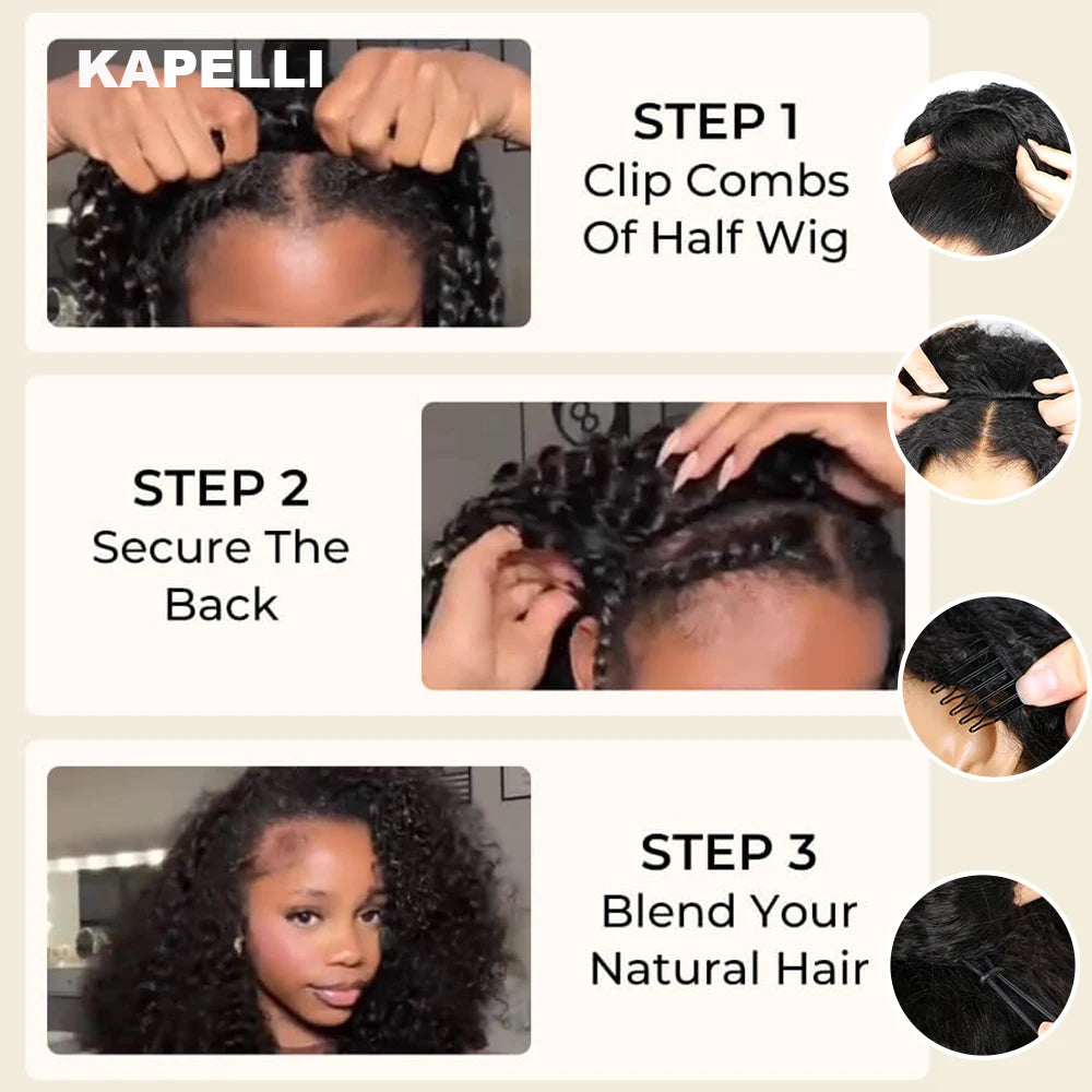 Half Wig Human Hair Wigs 180% Half Wig Kinky Curly Human Hair Wigs 3 In 1 Invisible Hairline Wear Go With Drawstring Seamless