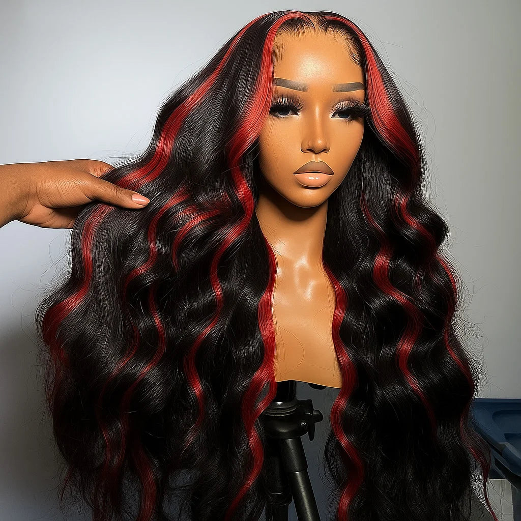 Highlight 5x5 Glueless Wigs Human Hair Pre Plucked Pre Cut Black Hair With Red highlight Body Wave Wigs Human Hair 200% Density