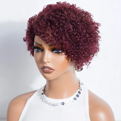 Peruvian Curly Human Hair Wigs With Bangs Short Pixie Cut Bob Wig  Reddish Brown Glueless Curly Wig Full Machine Wigs For Women