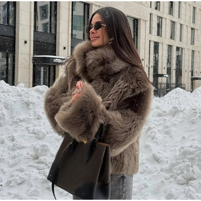Brown Medium-length Fur Coat Women Lapel Hidden Button Loose  Elegant Outerwear 2025 Fashion Office Lady Commute Overcoat New
