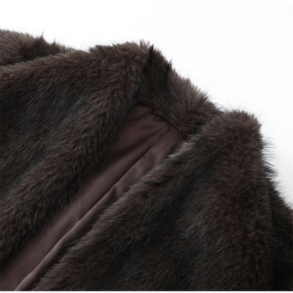 Brown Medium-length Fur Coat Women Lapel Hidden Button Loose  Elegant Outerwear 2025 Fashion Office Lady Commute Overcoat New