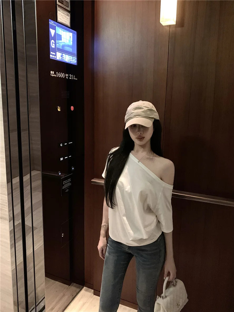 2026 Summer Off Shoulder T-shirt Women Sexy Y2K Korean Fashion Crop Tops Woman Vintage Japanese White Tee Shirt Femme Clothes
