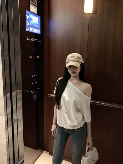 2026 Summer Off Shoulder T-shirt Women Sexy Y2K Korean Fashion Crop Tops Woman Vintage Japanese White Tee Shirt Femme Clothes