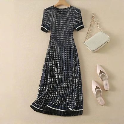 Pleated dress, women's waist collection, short sleeved floral long skirt, elegant 2024 summer new style DRESS