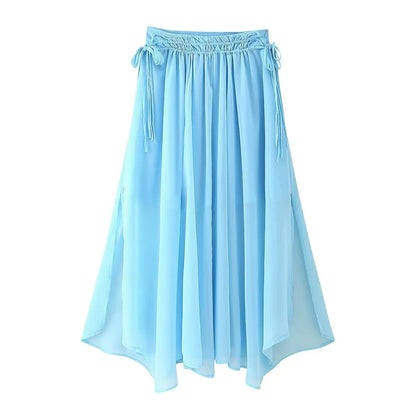 HH Women Summer Fashion Skirt Suit V-Neck Long Sleeves Tierred Decoration Lace-Up Shirts+Side Zipper Circular Chiffon Skirt