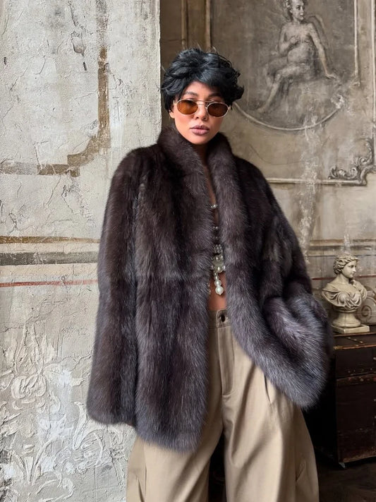 Brown Medium-length Fur Coat Women Lapel Hidden Button Loose  Elegant Outerwear 2025 Fashion Office Lady Commute Overcoat New