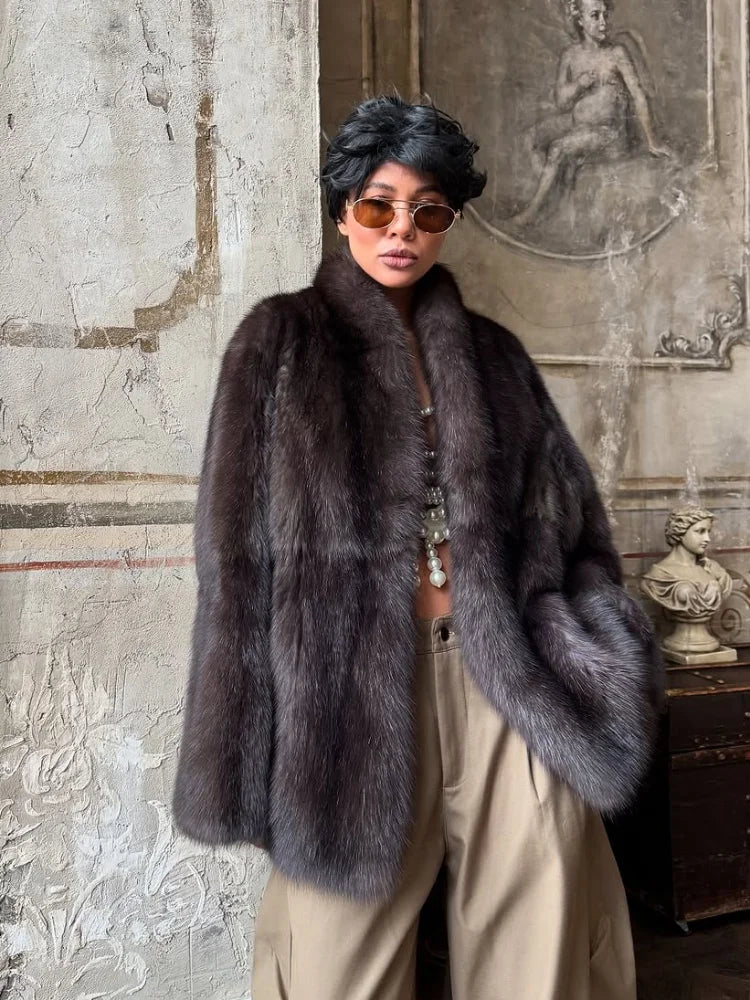 Brown Medium-length Fur Coat Women Lapel Hidden Button Loose  Elegant Outerwear 2025 Fashion Office Lady Commute Overcoat New