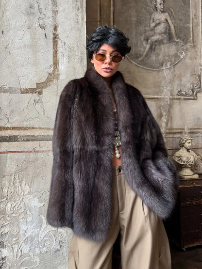 Brown Medium-length Fur Coat Women Lapel Hidden Button Loose  Elegant Outerwear 2025 Fashion Office Lady Commute Overcoat New