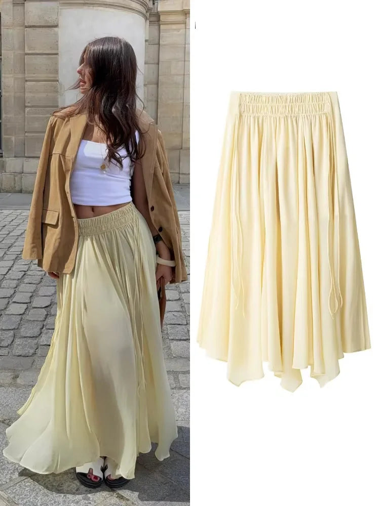 HH Women Summer Fashion Skirt Suit V-Neck Long Sleeves Tierred Decoration Lace-Up Shirts+Side Zipper Circular Chiffon Skirt