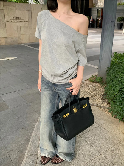 2026 Summer Off Shoulder T-shirt Women Sexy Y2K Korean Fashion Crop Tops Woman Vintage Japanese White Tee Shirt Femme Clothes