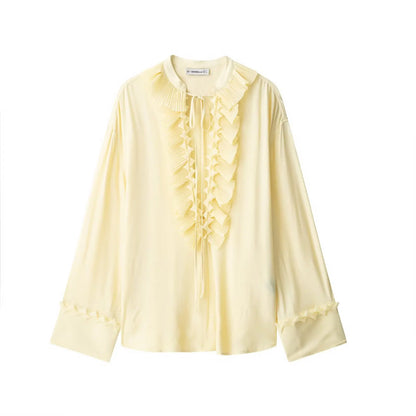 HH Women Summer Fashion Skirt Suit V-Neck Long Sleeves Tierred Decoration Lace-Up Shirts+Side Zipper Circular Chiffon Skirt