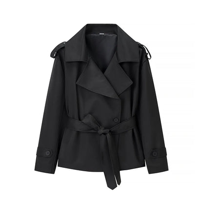 Solid Lapel Lace Up Jacket Elegant Chic Full Sleeve Button Loose Long Coat For Women Office Lady Daily Commute Overcoat 2026 New