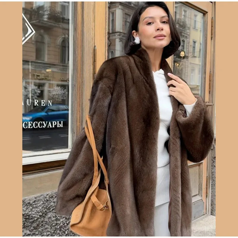 Brown Medium-length Fur Coat Women Lapel Hidden Button Loose  Elegant Outerwear 2025 Fashion Office Lady Commute Overcoat New