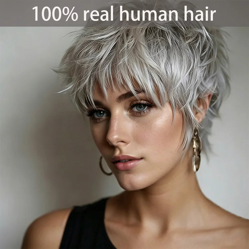 Silver Grey Pixie Wigs Human Hair 100% Full Machine Made Wigs Human Hair Natural Realistic No Tangle Wig For Women Pre Plucked