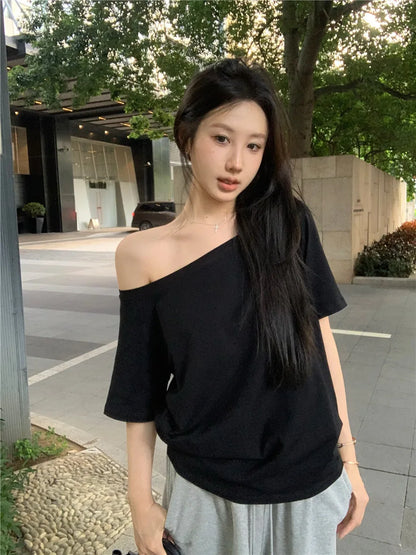2026 Summer Off Shoulder T-shirt Women Sexy Y2K Korean Fashion Crop Tops Woman Vintage Japanese White Tee Shirt Femme Clothes