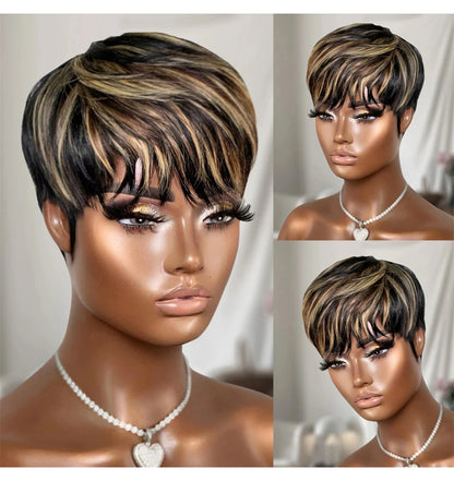 Highlight Wig Human Hair P1b/30# Color Short Pixie Cut Wigs with Bangs Layered Cut Annime Cosplay Costume  Wigs Machine Made