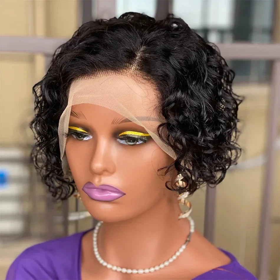 Burmese Hair 6inch Short Kinky Curly Pixie Cut 100% Human Hair Wigs 13x4x1 Transparent Lace Wig Natural Color For Black Women