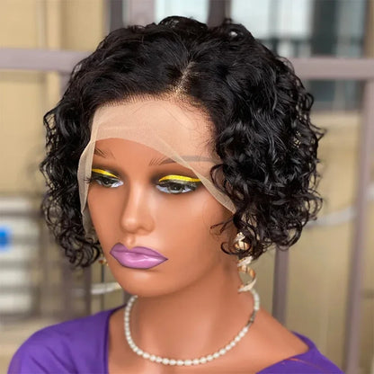 Burmese Hair 6inch Short Kinky Curly Pixie Cut 100% Human Hair Wigs 13x4x1 Transparent Lace Wig Natural Color For Black Women