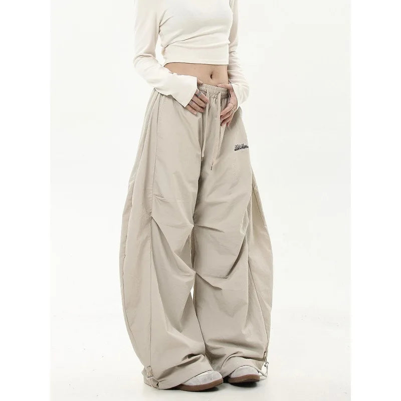 American retro high-end pleated paratrooper work pants, loose wide leg banana curved knife pants, high waisted drawstring pants