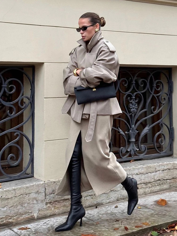 Solid Lapel Lace Up Jacket Elegant Chic Full Sleeve Button Loose Long Coat For Women Office Lady Daily Commute Overcoat 2026 New