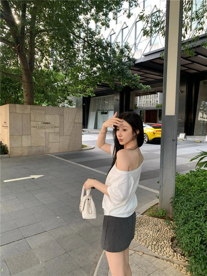 2026 Summer Off Shoulder T-shirt Women Sexy Y2K Korean Fashion Crop Tops Woman Vintage Japanese White Tee Shirt Femme Clothes
