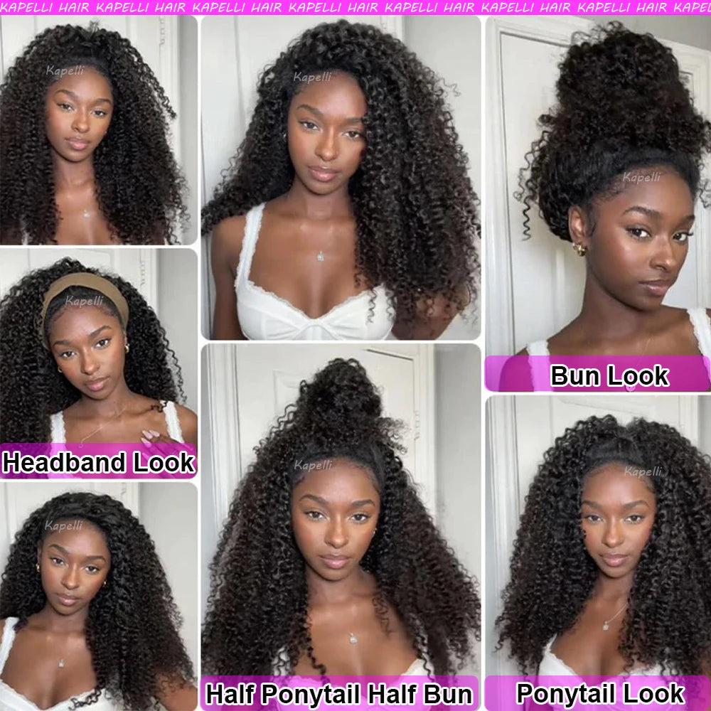 Half Wig Human Hair Wigs 180% Half Wig Kinky Curly Human Hair Wigs 3 In 1 Invisible Hairline Wear Go With Drawstring Seamless
