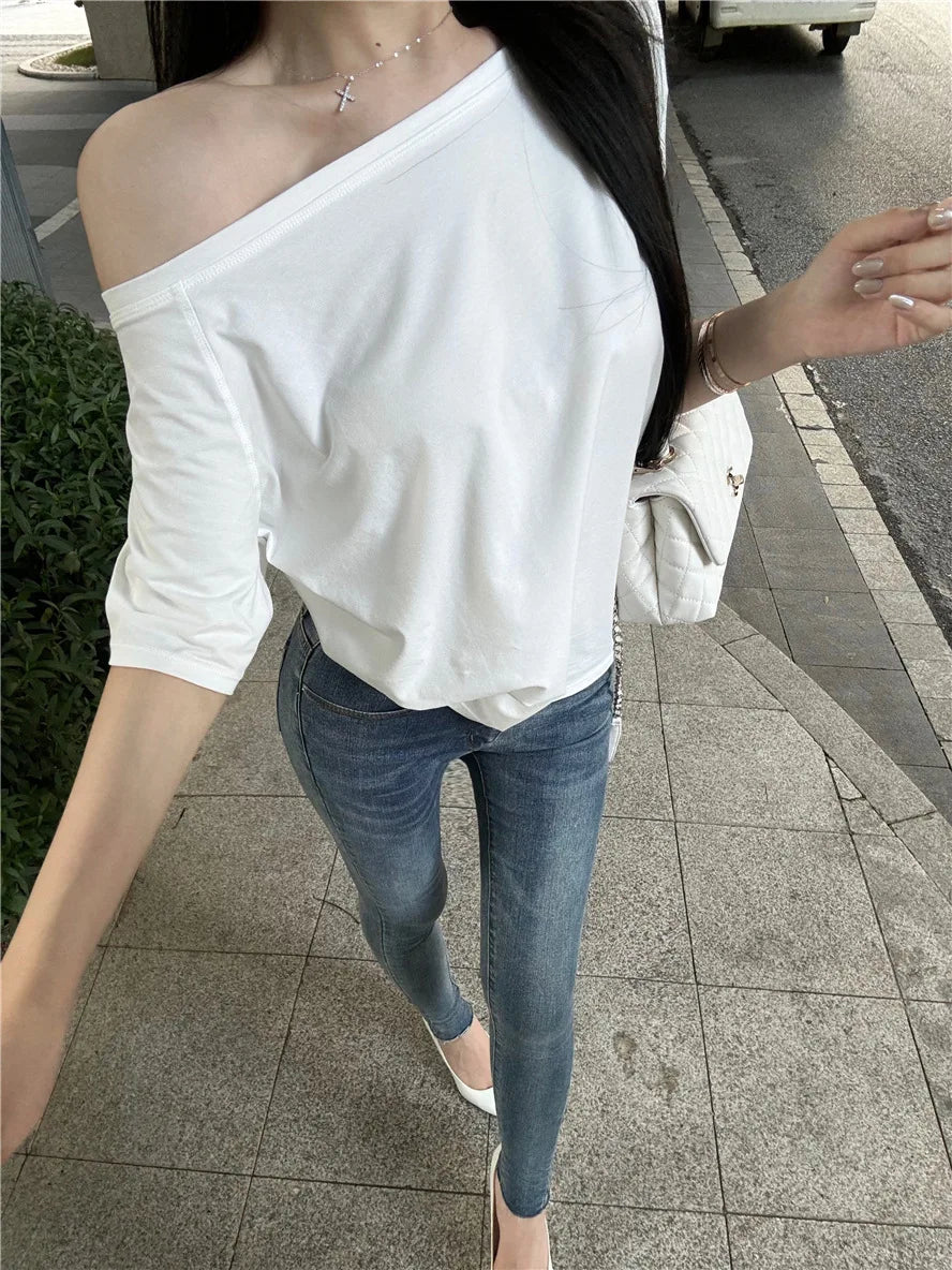 2026 Summer Off Shoulder T-shirt Women Sexy Y2K Korean Fashion Crop Tops Woman Vintage Japanese White Tee Shirt Femme Clothes