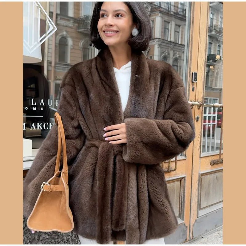 Brown Medium-length Fur Coat Women Lapel Hidden Button Loose  Elegant Outerwear 2025 Fashion Office Lady Commute Overcoat New